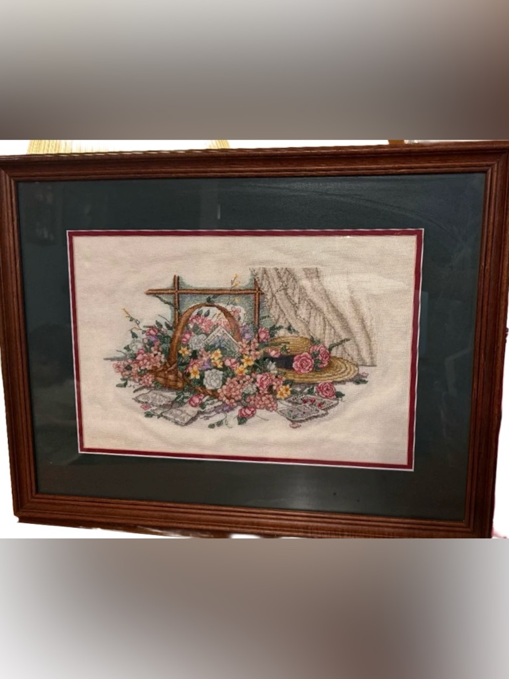 Vintage Framed Cross-Stitch “Garden Party” by Paula Vaughan